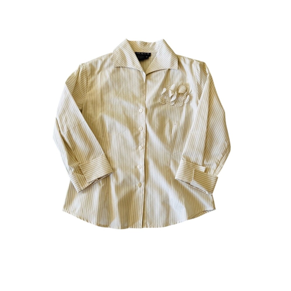 Tracy M Womens 100% Silk Pinstripe Blouse 3D Floral Applique Cream Black Size M